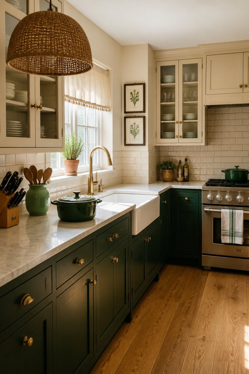 Bright kitchen featuring green lower cabinets, white upper cabinets, and a farmhouse sink with natur.