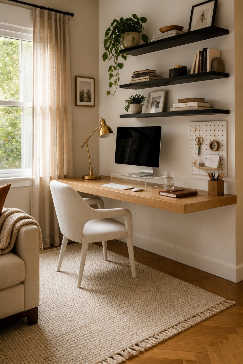 Bright home office with a wooden desk, wall-mounted shelves, and a computer, ideal for remote work o.