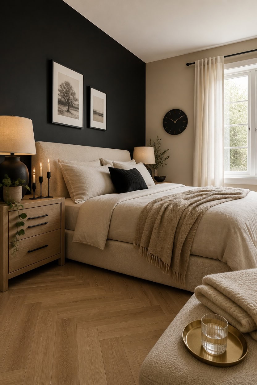 Bright bedroom with beige bedding, black accent wall, and natural light from window.