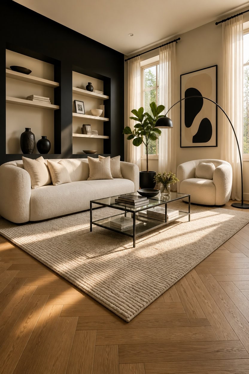 Cozy living room with beige sofa, black and white artwork, and large window.