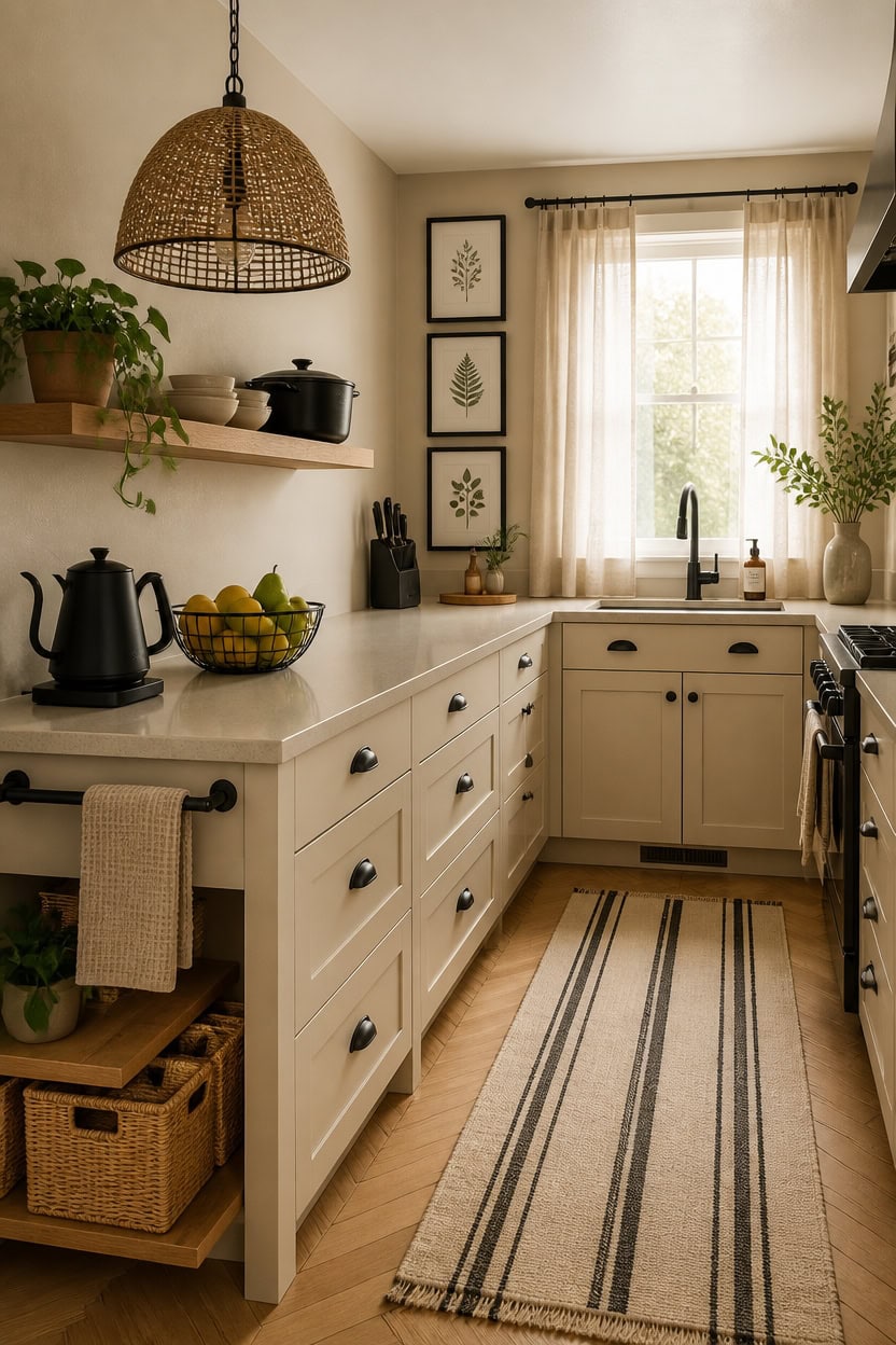 Bright kitchen with white cabinets, black appliances, and a large window letting in natural sunlight.