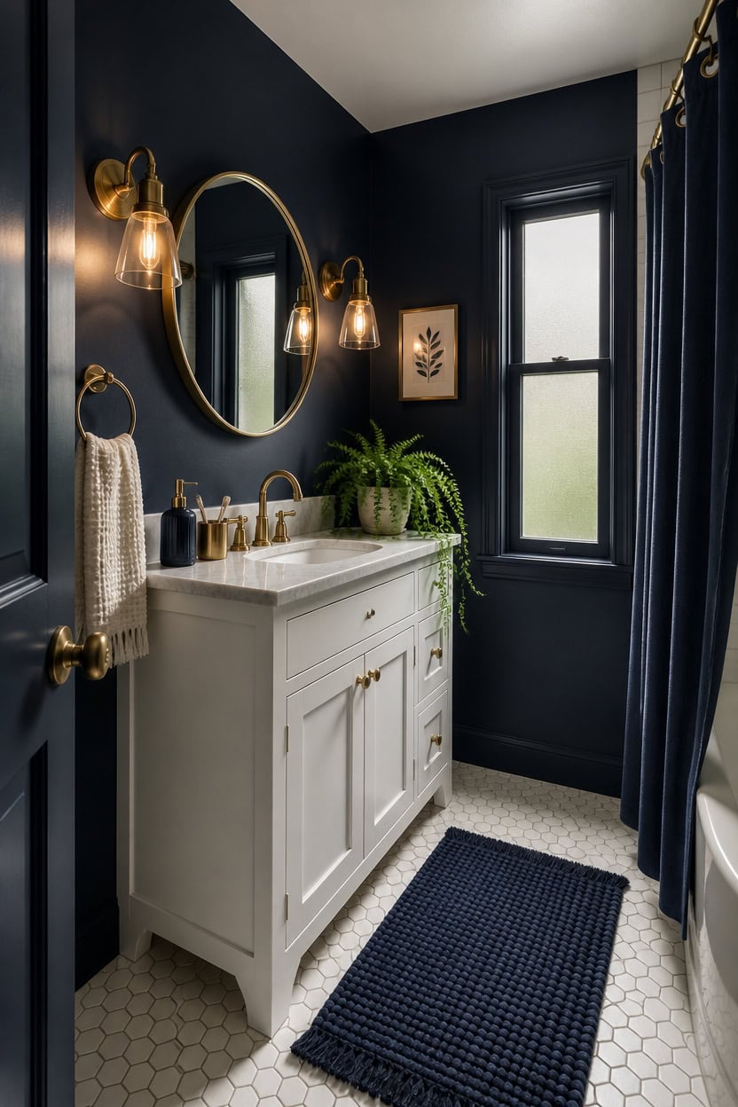 deliberate navy brass bathroom design
