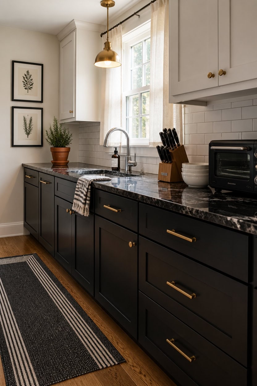 Kitchen with black lower cabinets, white upper cabinets, and a marble countertop in a stylish apartm.