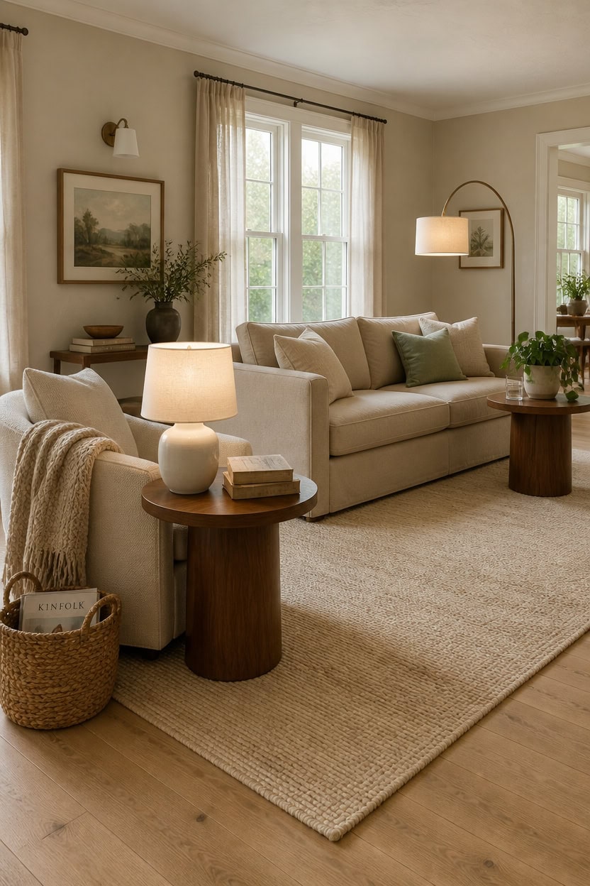 Bright living room with large windows, beige sofa, and elegant decor for a comfortable apartment setting.