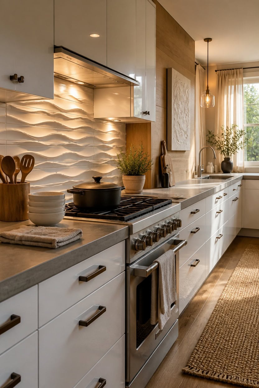 Bright modern kitchen with white cabinets, textured backsplash, and large window. Features a stove,.