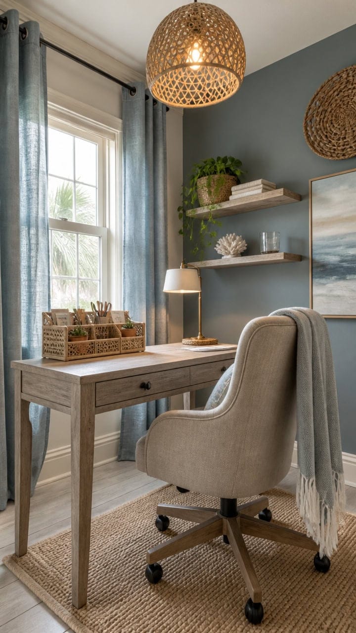 Bright home office with desk, comfortable chair, and decorative wall accents, ideal for productive work from home.