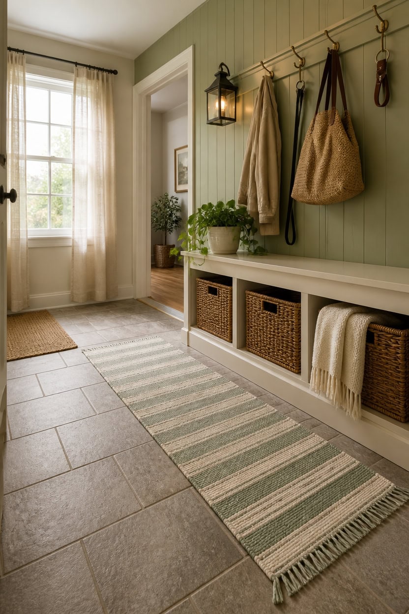 Inviting home entryway with hooks, baskets, and natural light.
