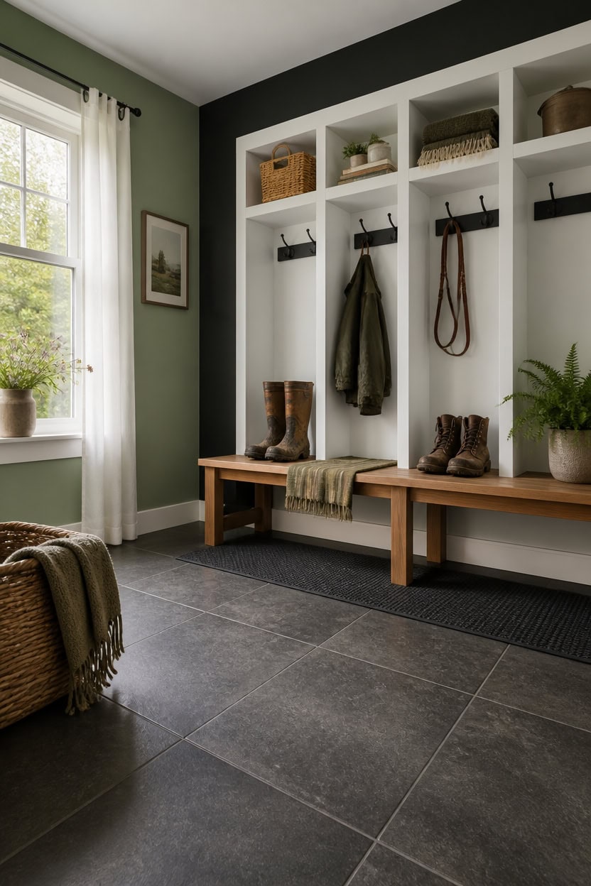 Entryway with built-in shelves, hooks, and seating area in a modern apartment.