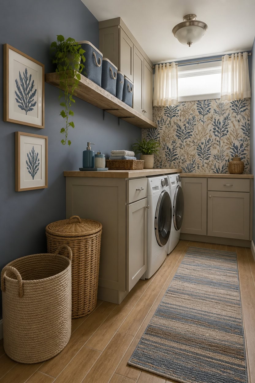 Bright laundry room with washer and dryer, decorative wall art, and storage shelves, featuring a cal.