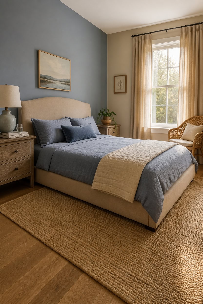 Bright bedroom with large window, blue and beige decor, and comfortable bed.