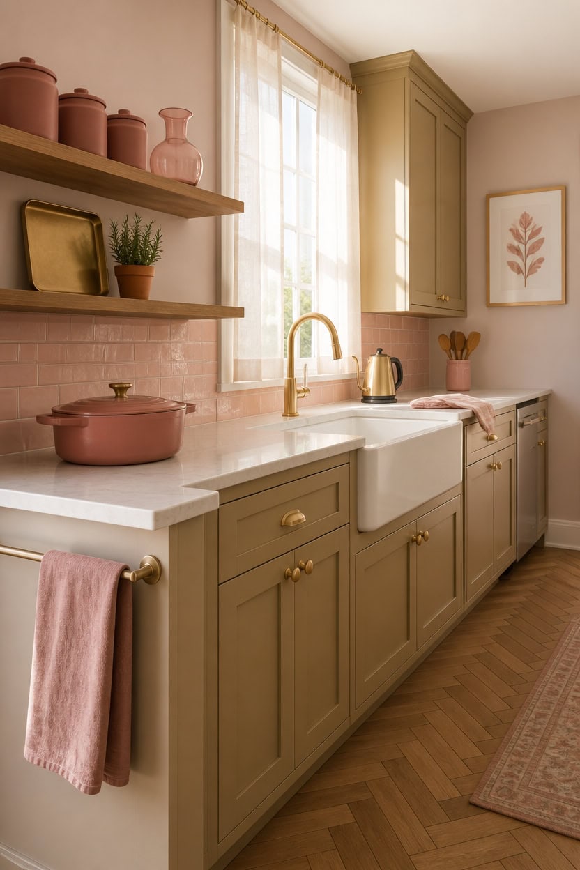 Bright kitchen featuring soft green cabinets, a white farmhouse sink, and warm natural light from a.
