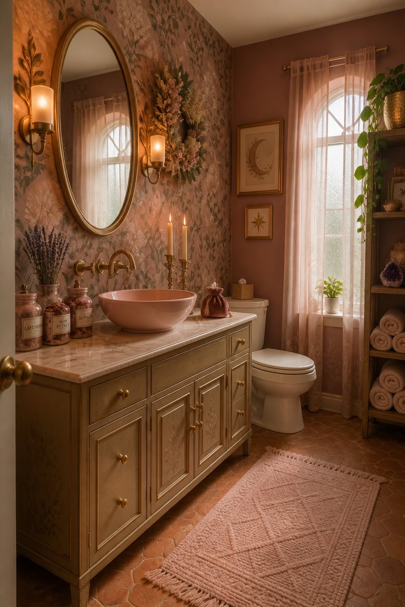 Vintage bathroom with floral wallpaper, elegant sink, and cozy lighting.