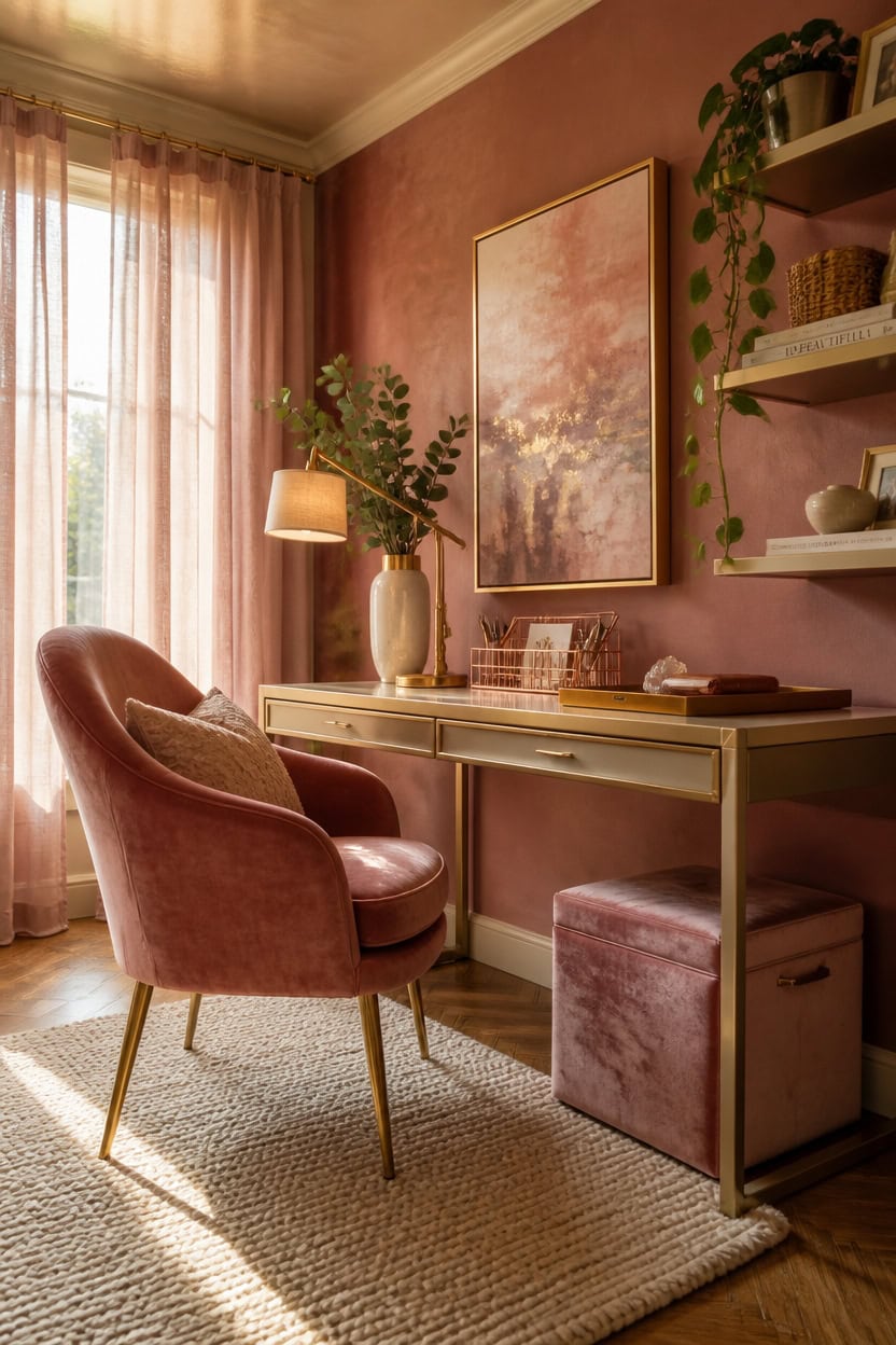 Elegant home office with pink walls, velvet chair, and decorative shelves.