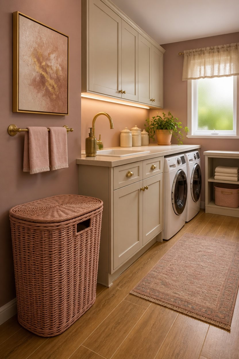 Bright laundry room featuring a washer and dryer, white cabinetry, and a window with natural light.