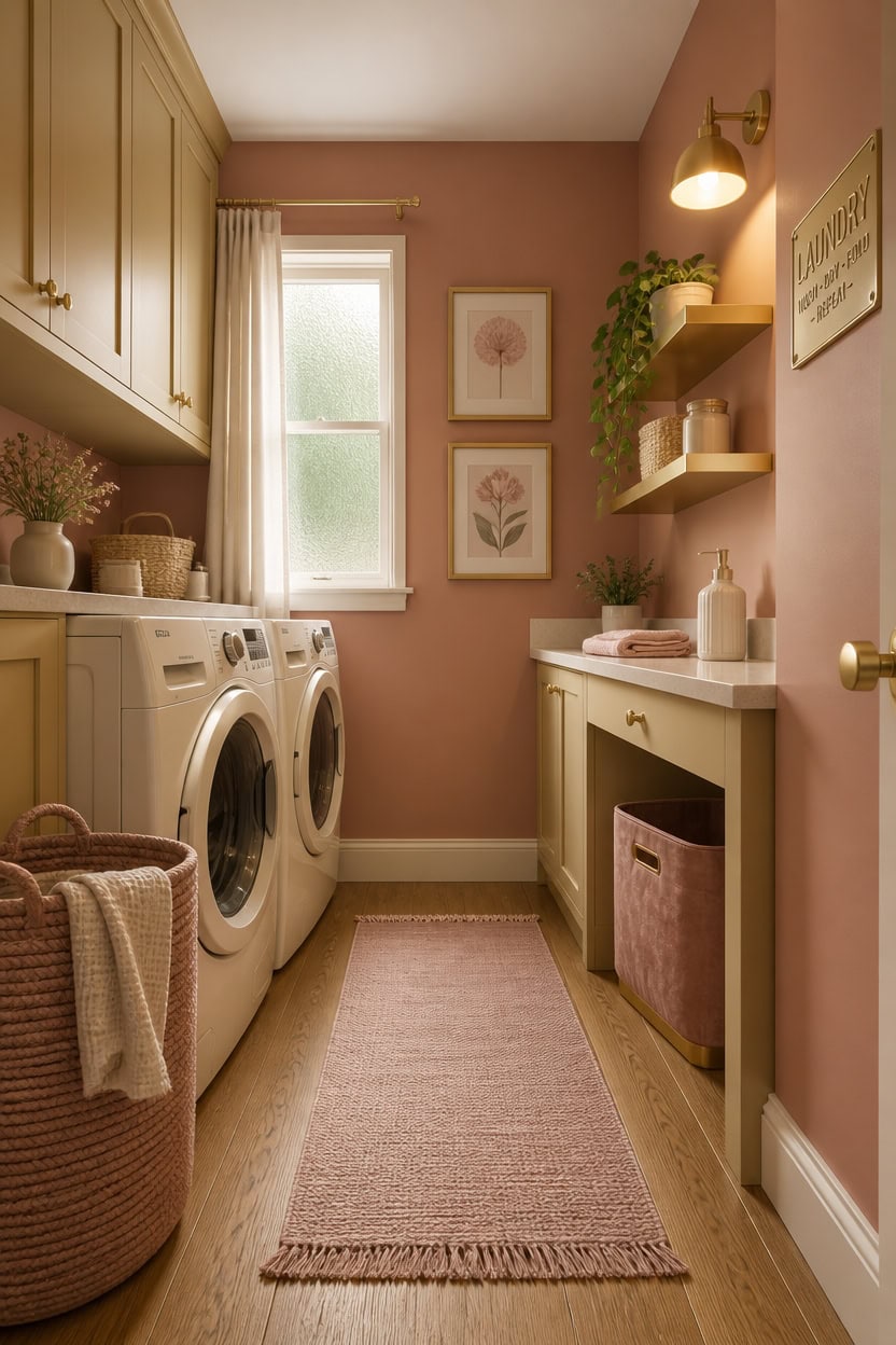 Bright laundry room with pink walls, white washer and dryer, and decorative wall art. Features shelv.