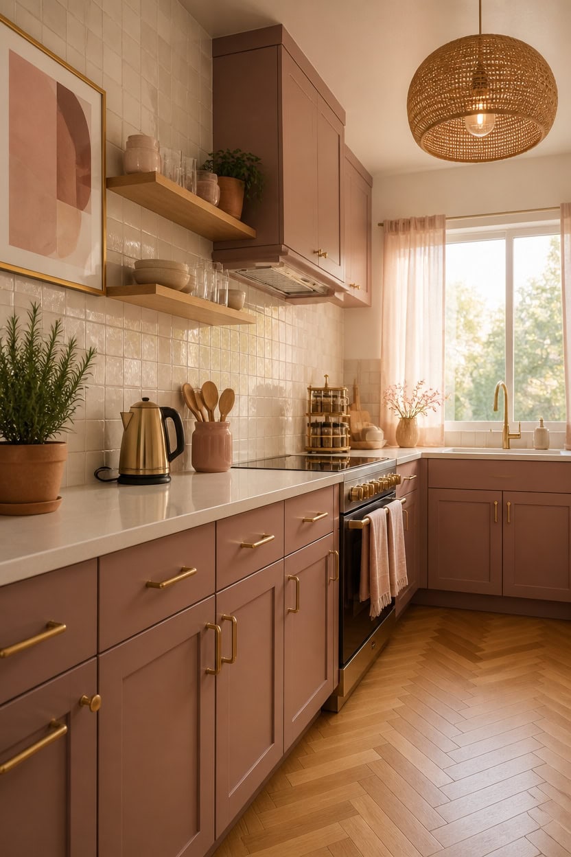 Bright pink kitchen with modern cabinetry and a large window.