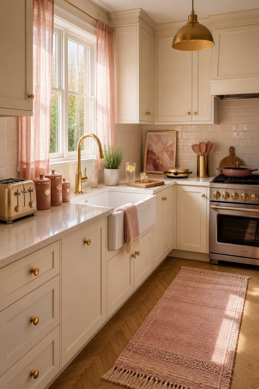 Bright and inviting kitchen featuring white cabinetry, gold fixtures, and large windows with pink cu.