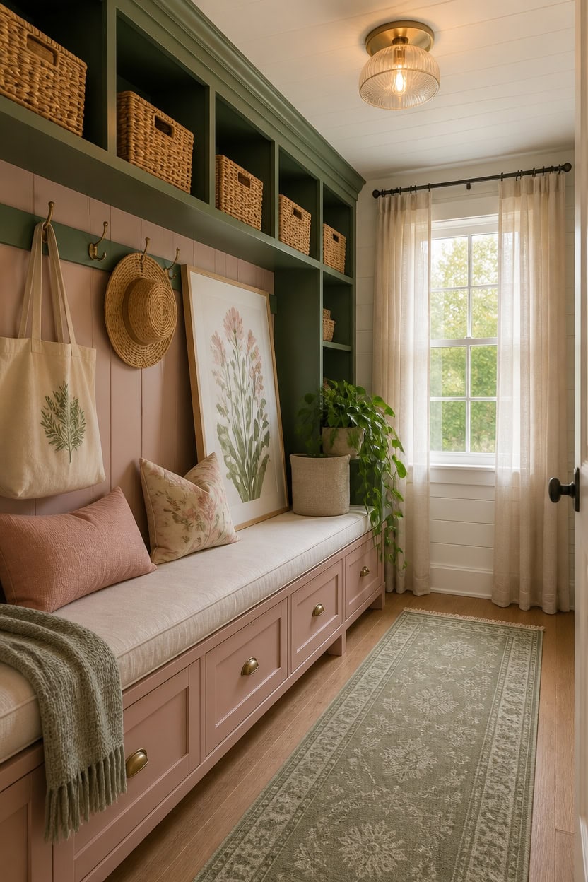 Inviting entryway with built-in storage, botanical artwork, and natural light.