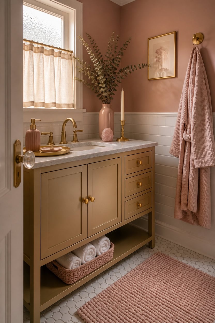 Elegant bathroom vanity with pink accents, gold fixtures, and decorative accessories.