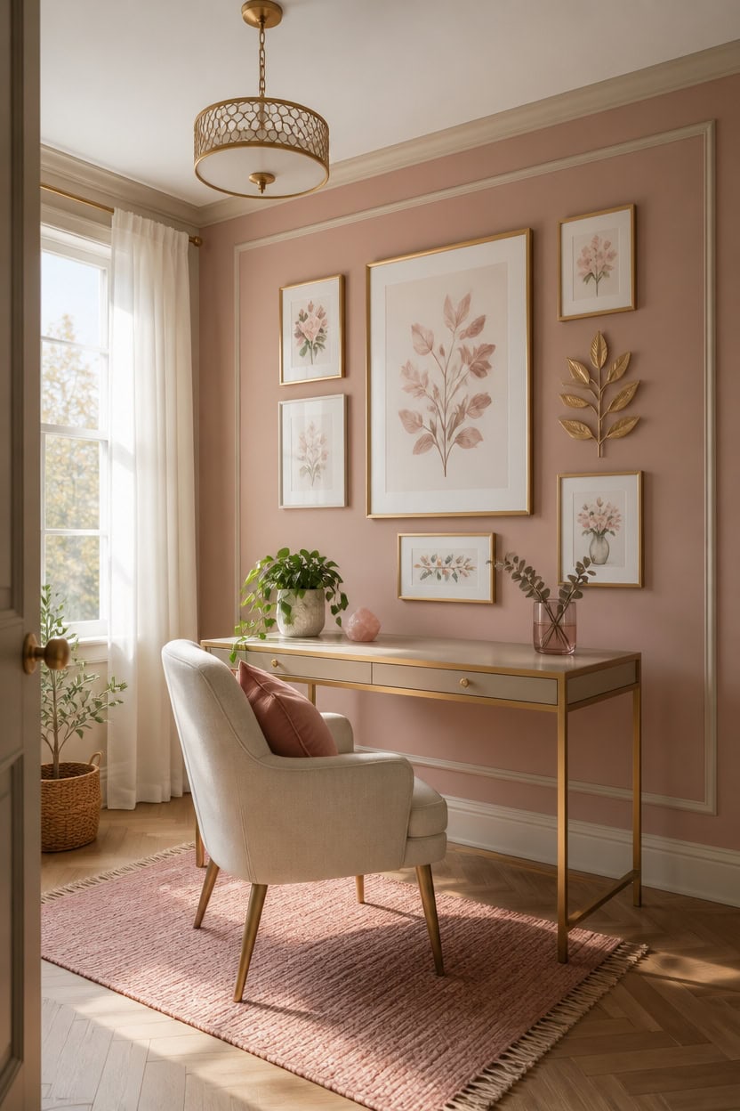 Stylish home office with pink walls, framed floral art, and a comfortable armchair.