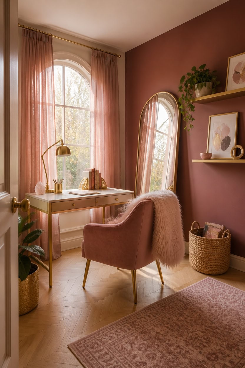Bright bedroom with pink walls, large arched window, and elegant decor. Perfect for relaxing and enj.