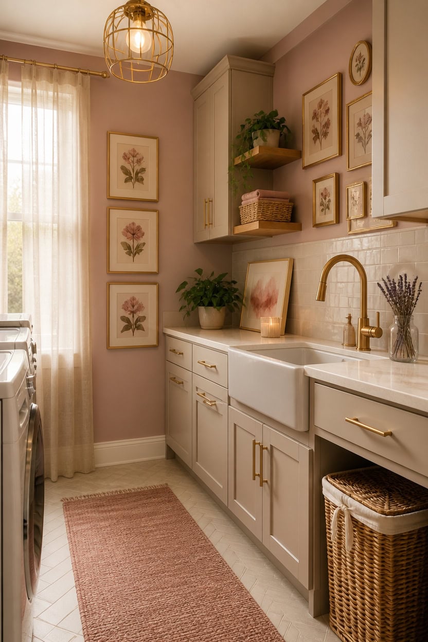 Charming vintage kitchen with floral wall art, white cabinetry, and gold accents.