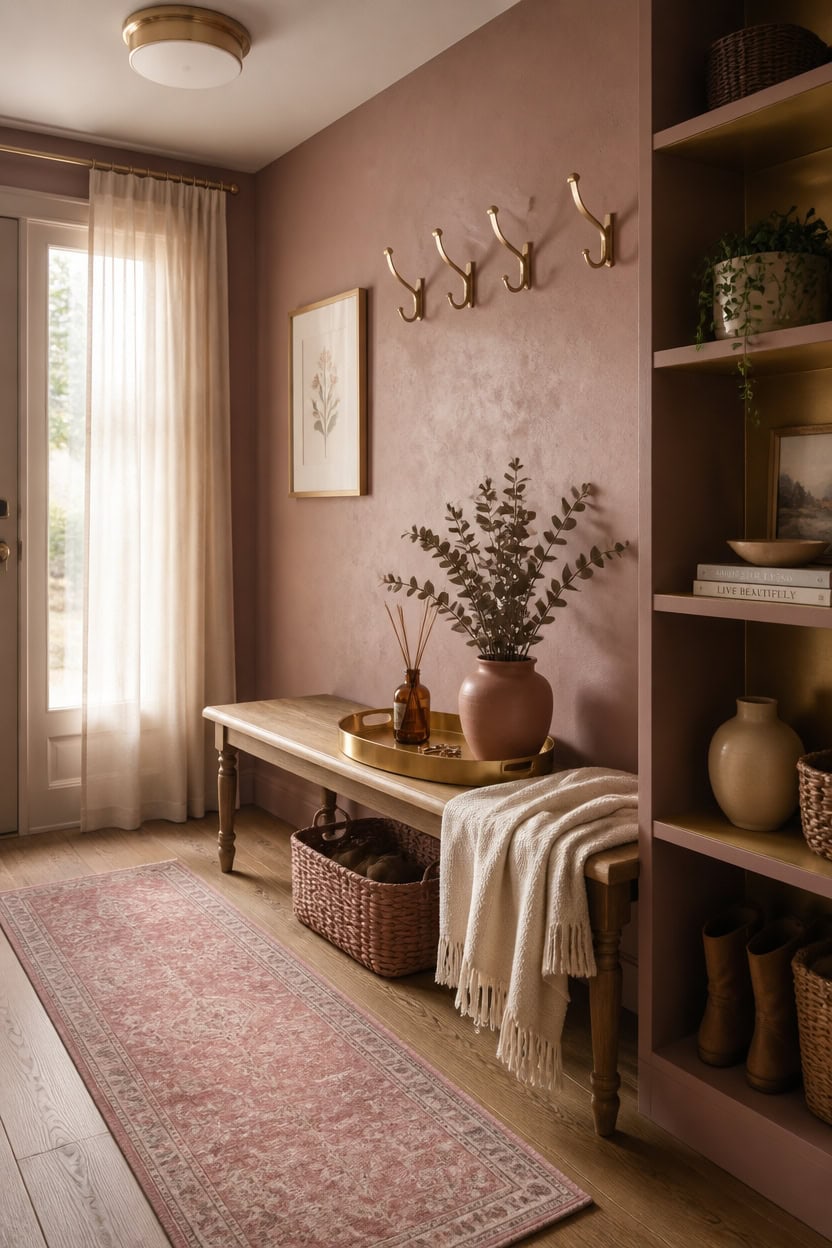 Warm and inviting entryway with a wooden bench, decorative vase, and wall hooks.