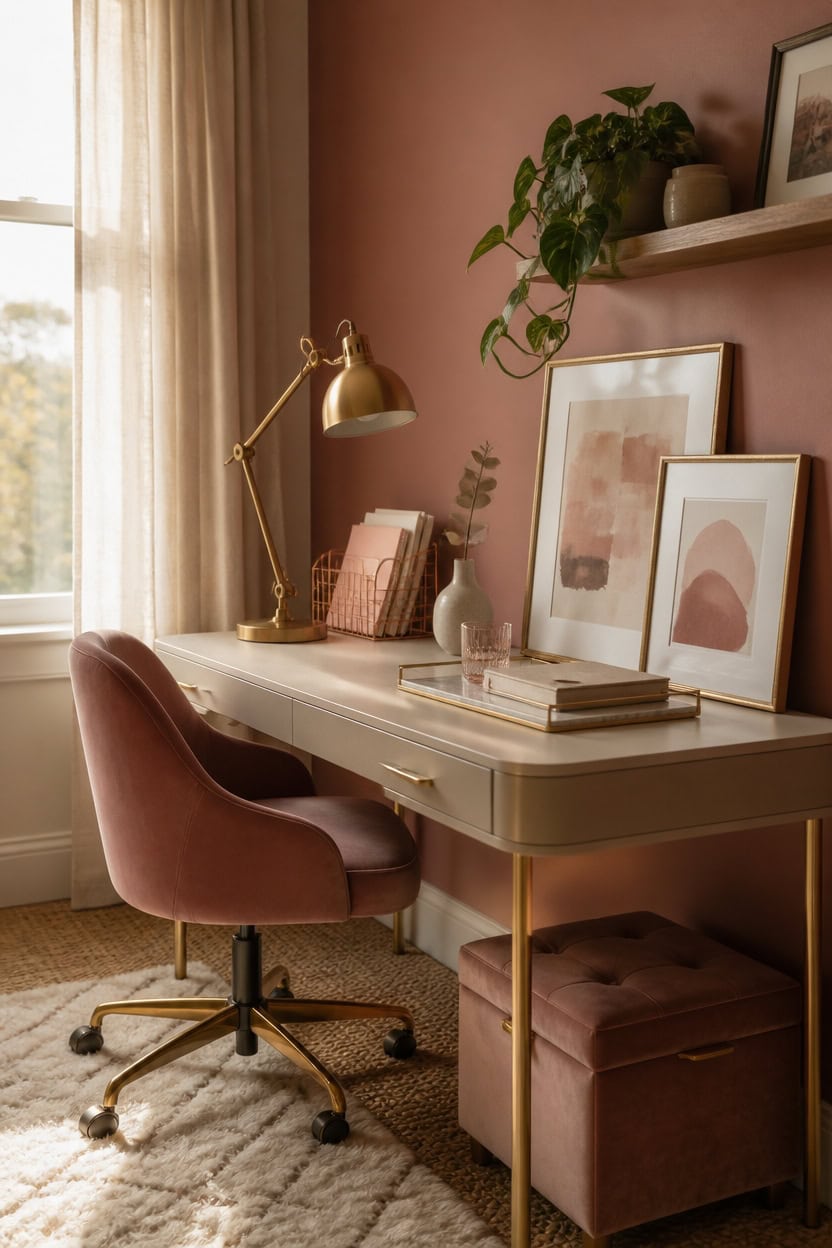 Elegant home office with pink walls, desk, and decorative art pieces.