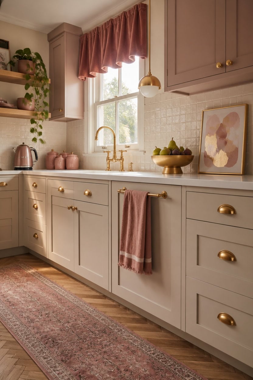 Elegant kitchen with pink curtains, gold hardware, and decorative accents for a warm, inviting atmos.