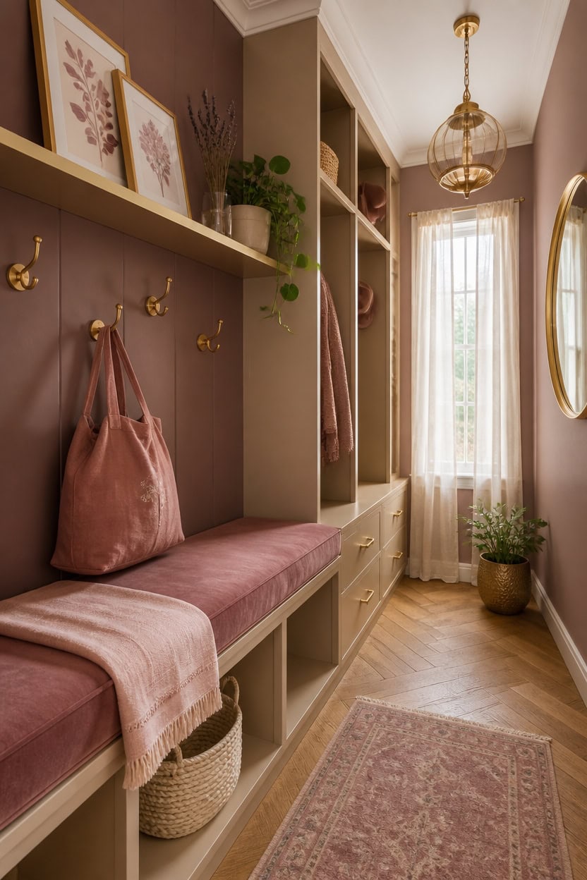 Elegant entryway with built-in storage, pink accents, and decorative plants.