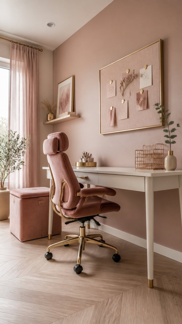 Stylish home office with pink walls, desk, and comfortable ergonomic chair.