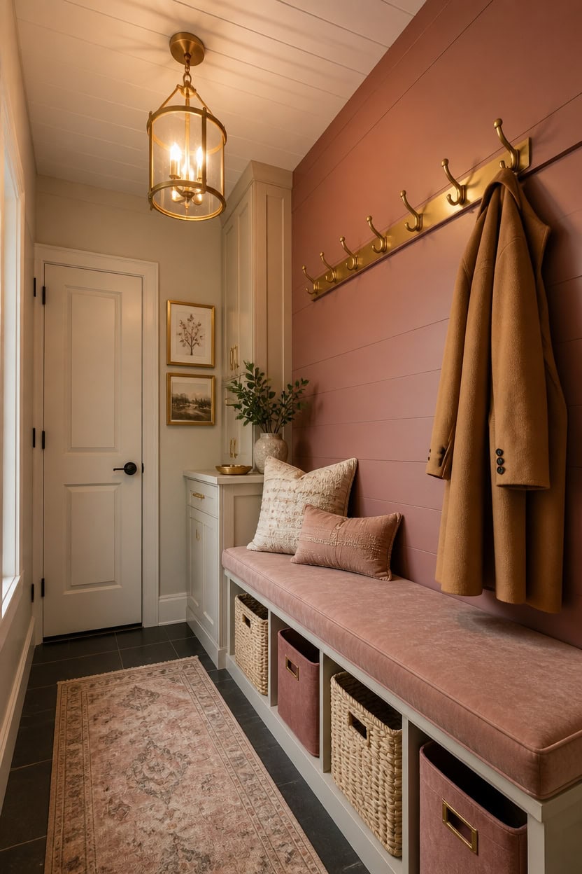 Inviting entryway featuring a coat rack, storage bench, and decorative wall art.