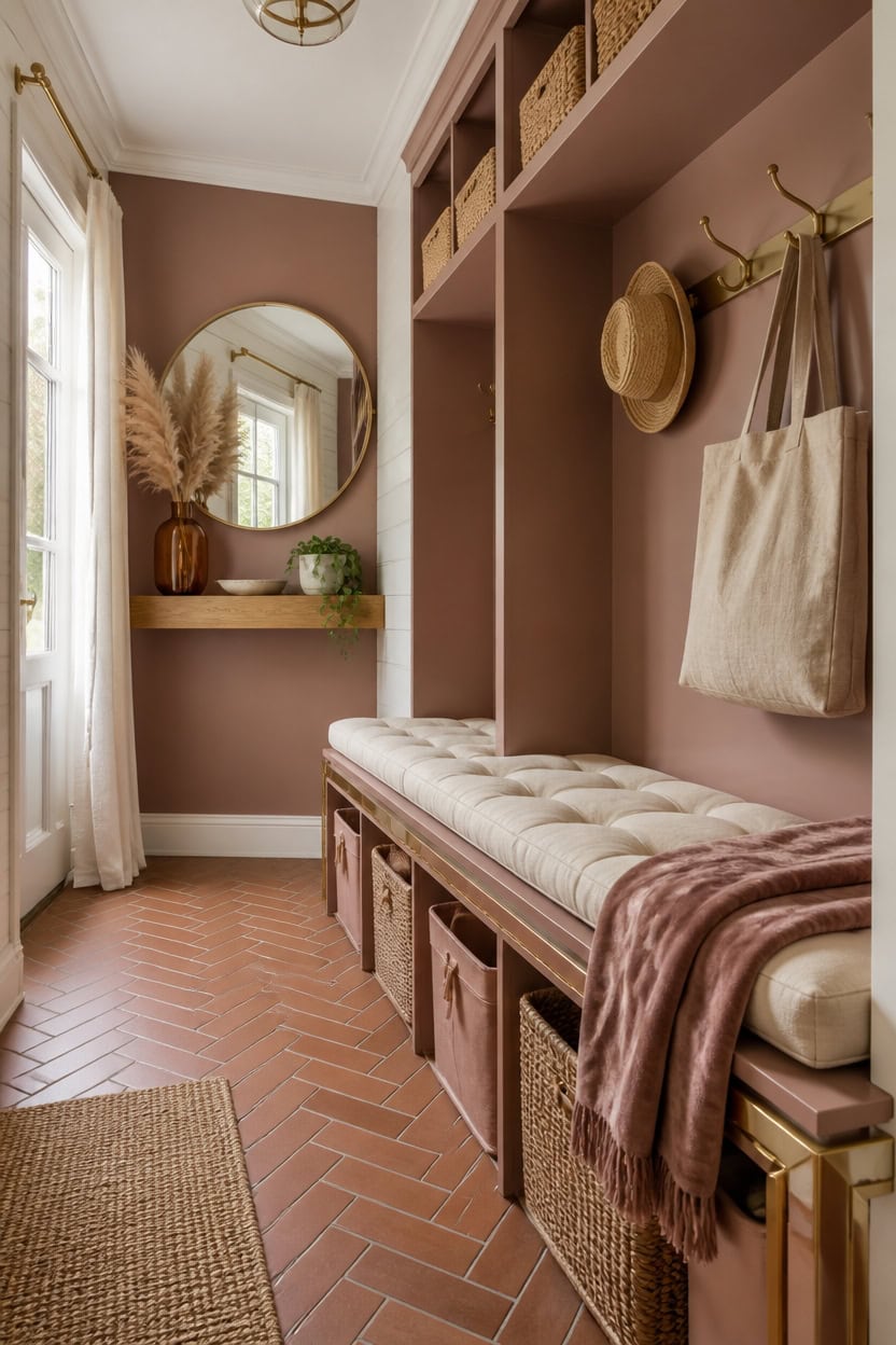 Stylish mudroom with built-in storage, hooks, and seating area in a modern apartment.
