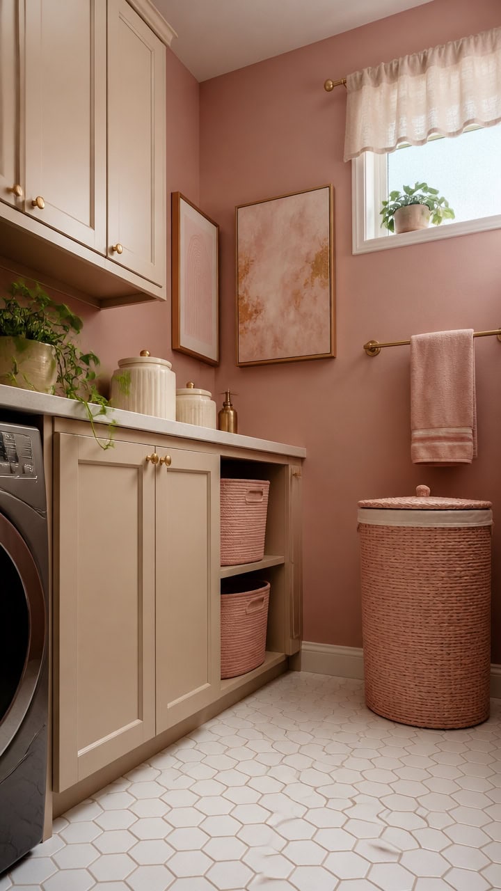 Laundry room featuring soft pink walls, white cabinetry, and decorative storage baskets. Bright natu.