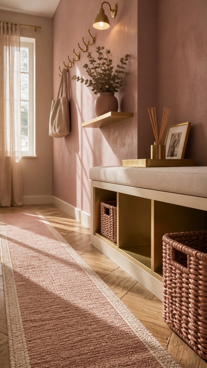 Stylish entryway with pink wall, wall-mounted shelf, and decorative items.