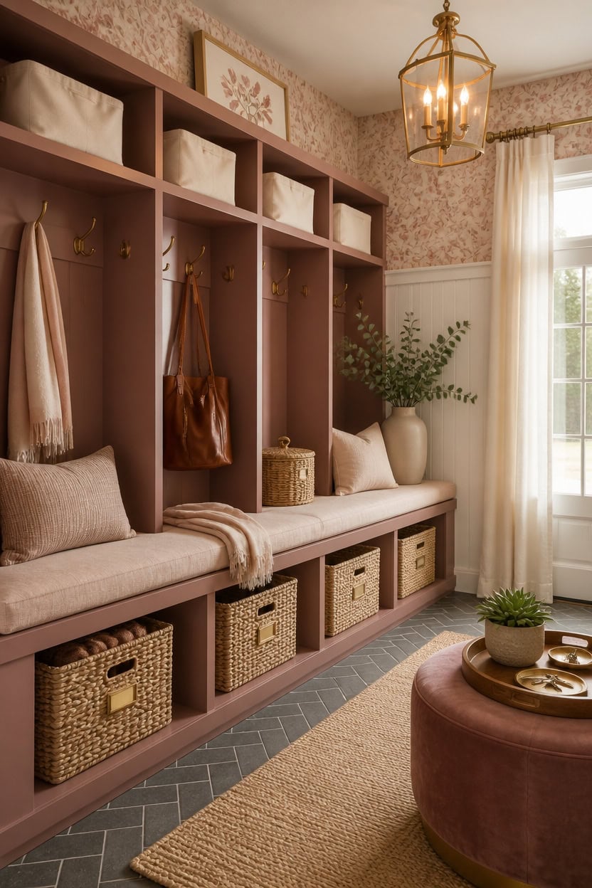 Elegant mudroom with built-in cubbies, seating, and decorative accents in a bright, welcoming space.