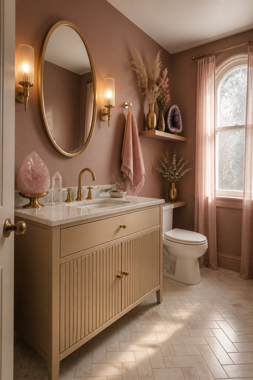 Elegant bathroom with pink curtains, gold fixtures, and decorative dried flowers.