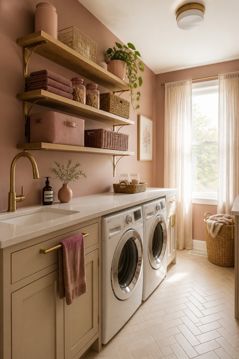 Bright laundry room with washer, shelves, and decor in a modern apartment.