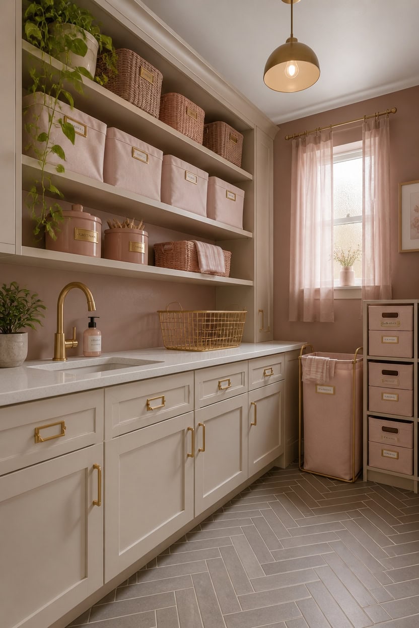 Bright laundry room with white cabinets, pink storage bins, and natural sunlight from a window.