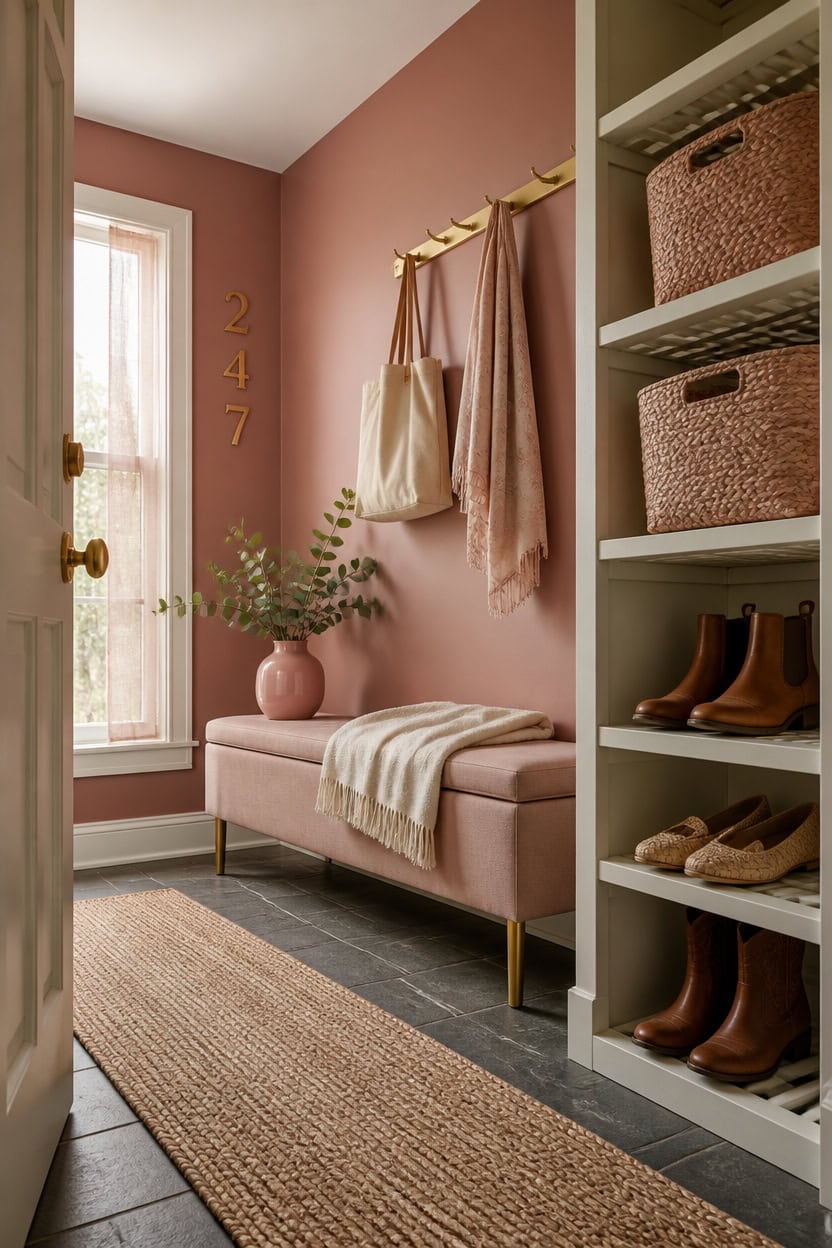 Stylish entryway with pink wall, shoe shelves, and decorative accessories.