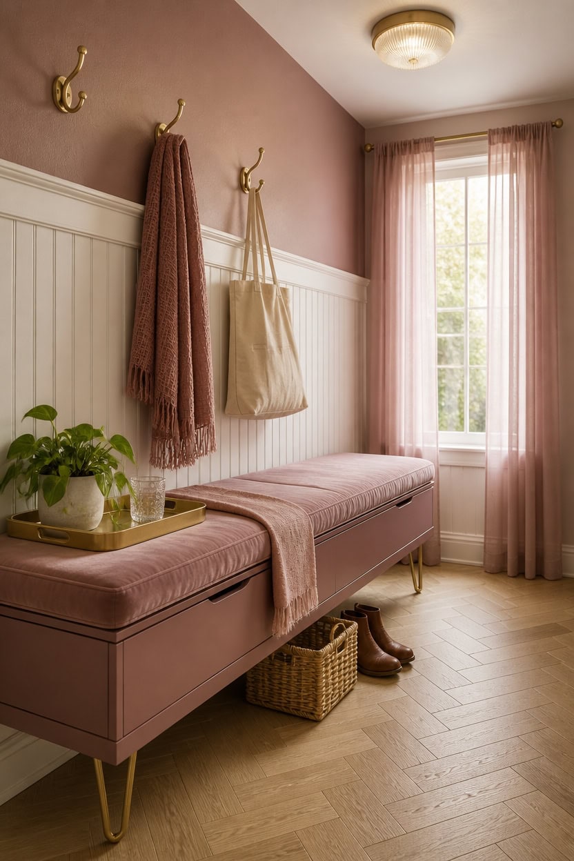 Elegant pink entryway with bench, wall hooks, and natural light from window.