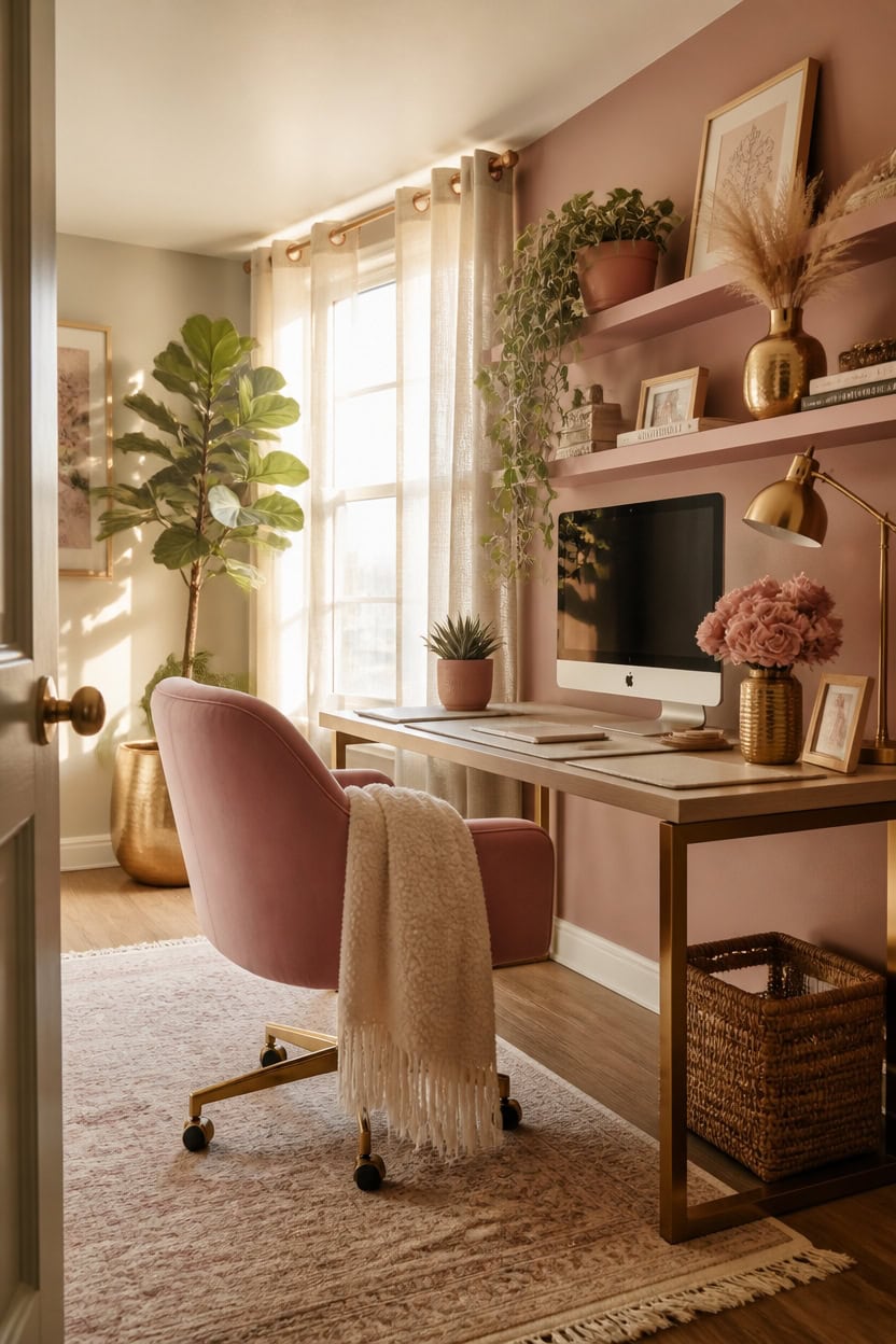 Home office with pink walls, a desk, and lush indoor plants for a stylish workspace.