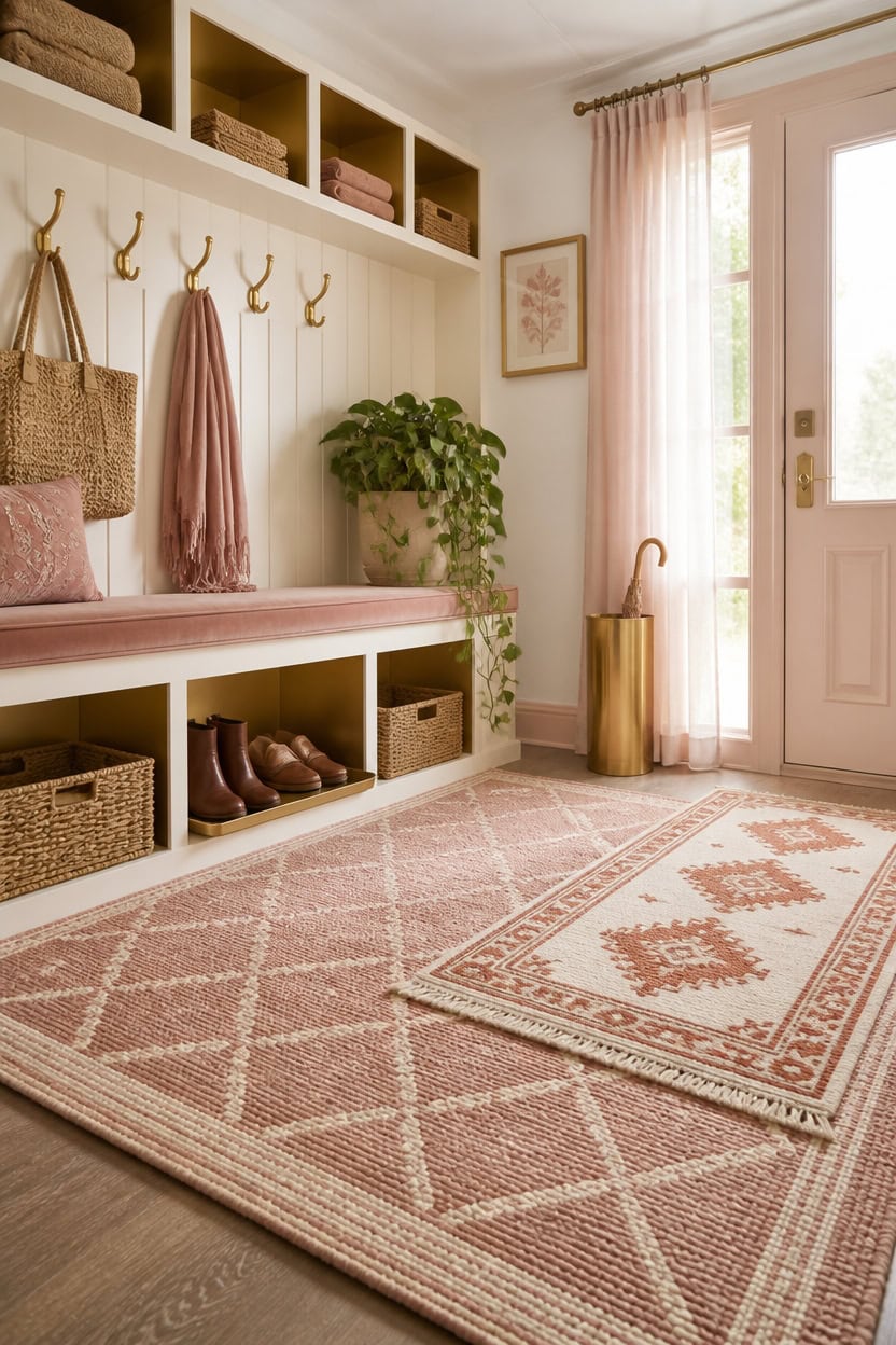 Inviting entryway with storage bench, hooks, and decorative accents.