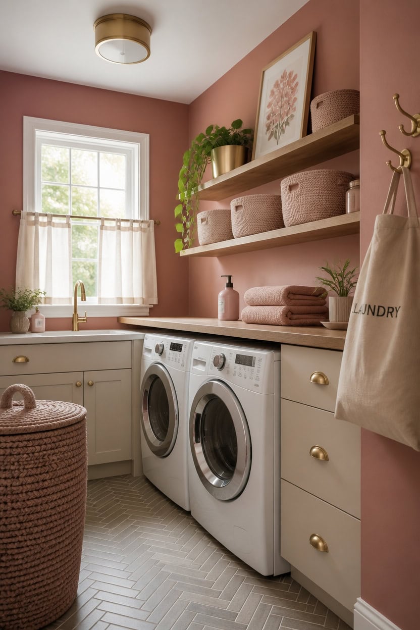 Bright laundry room with pink walls, white cabinetry, and organized shelves for laundry essentials.
