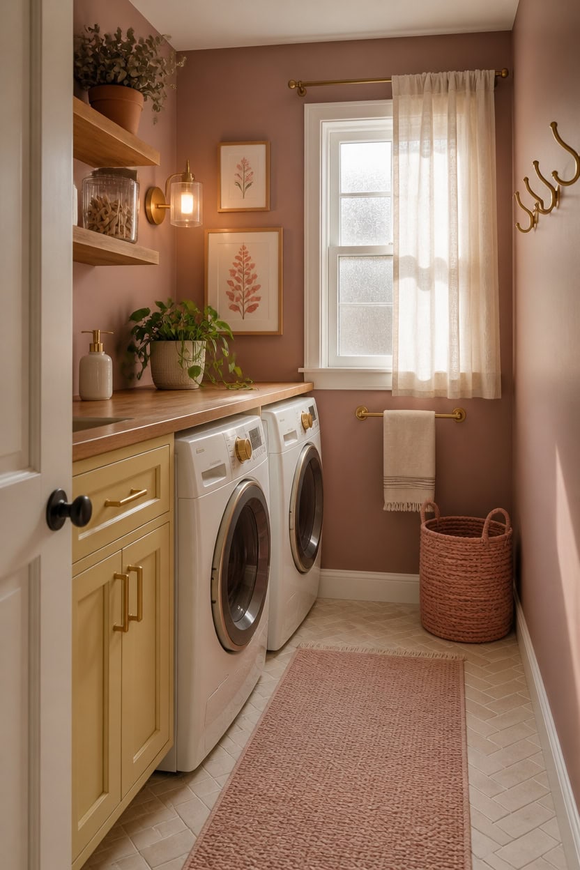 Bright laundry room with washer, natural light, and decorative wall art.