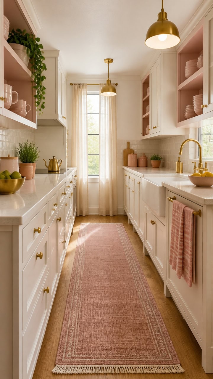 Bright white kitchen with gold fixtures and pink accents, featuring ample storage, natural light, an.