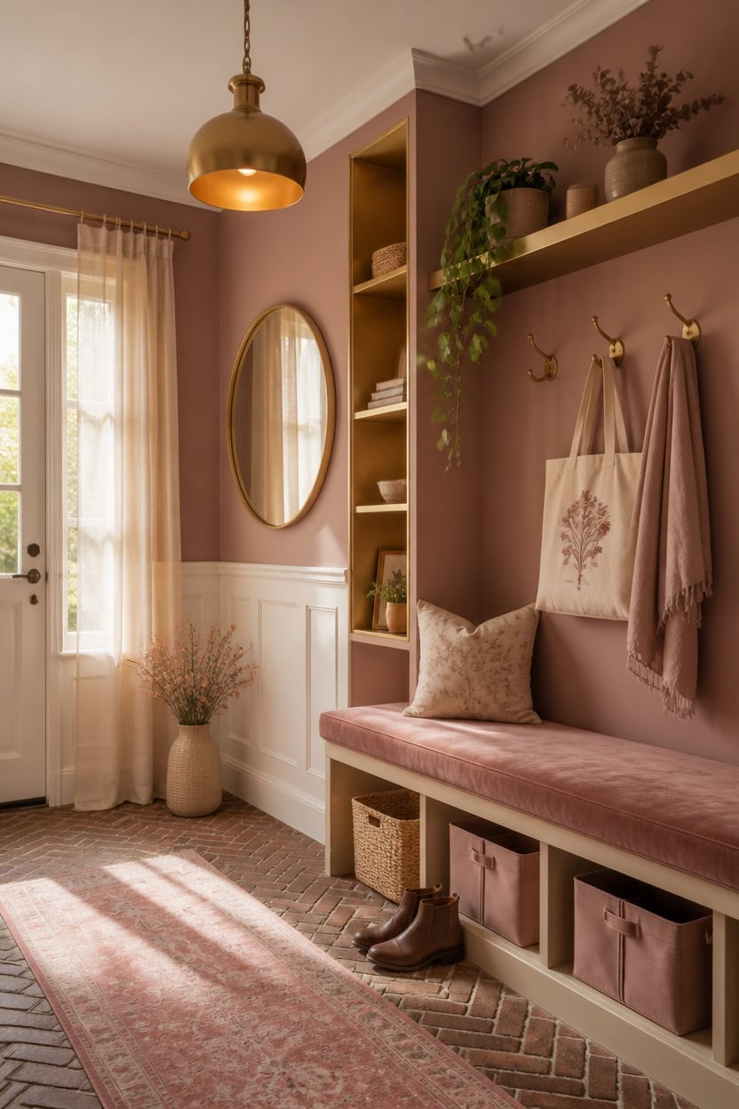 Inviting entryway with built-in storage, decorative pillows, and hanging accessories.