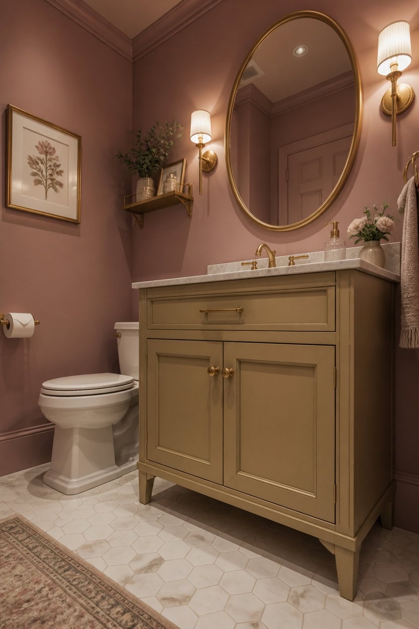 Elegant bathroom featuring a green vanity, round mirror, and warm lighting fixtures.