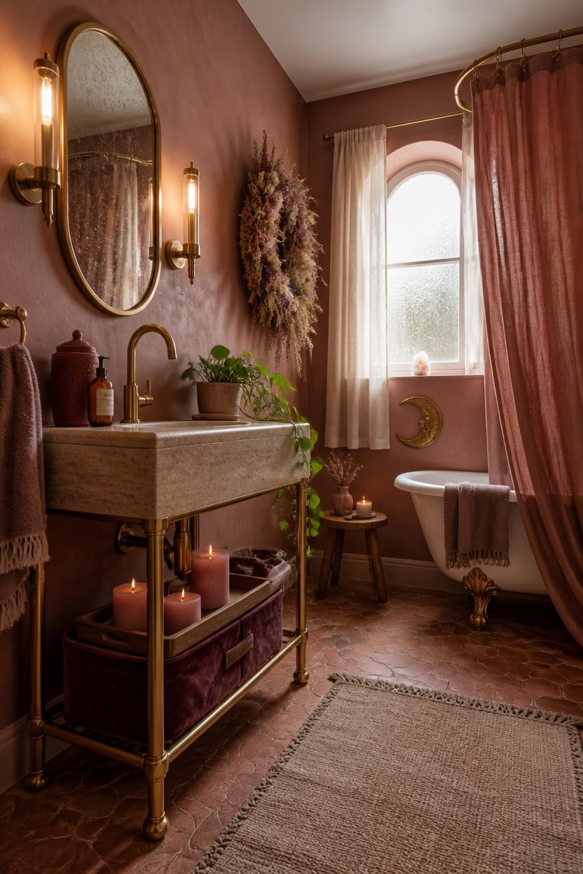 Vintage-inspired bathroom with pink walls, elegant gold fixtures, and soft natural lighting. Feature.