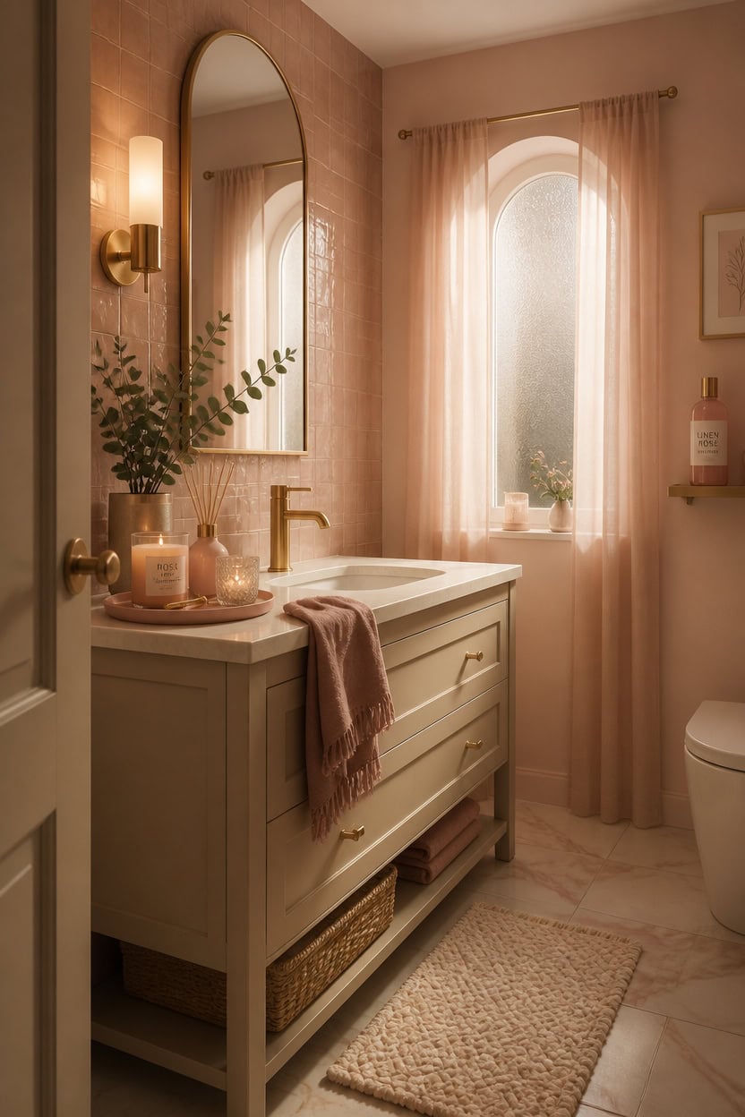 Bright bathroom with a large arched window, soft pink curtains, and elegant decor.